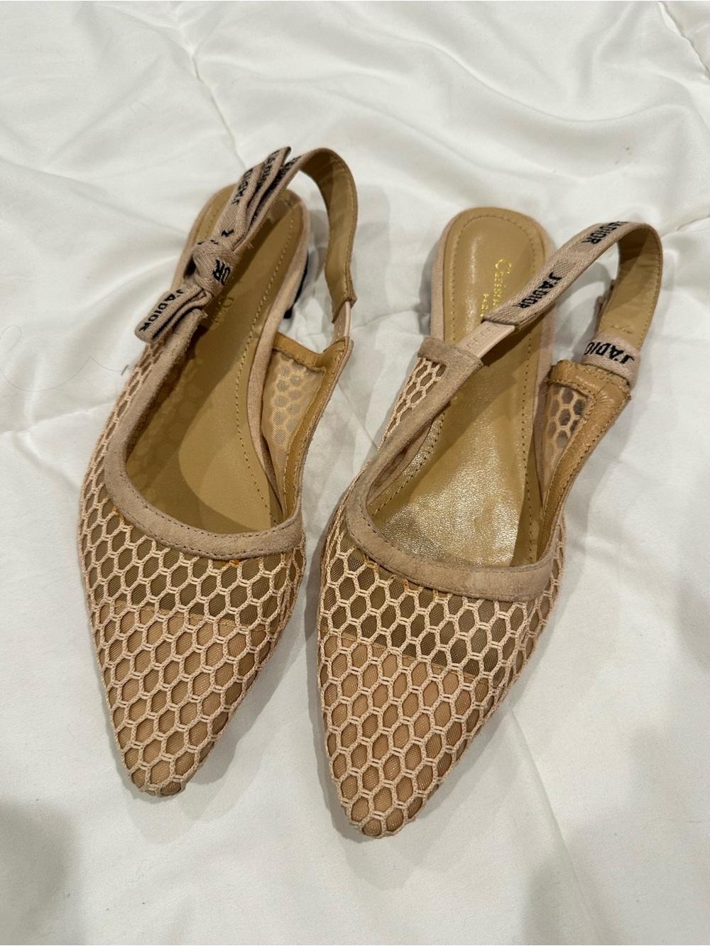 Beige Mesh Pointed Slingback Flats